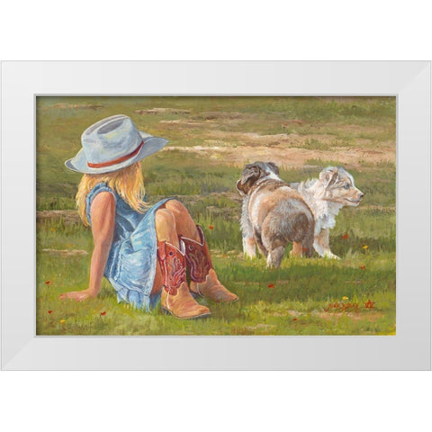 Red Boots and Puppies White Modern Wood Framed Art Print by Dudley, June