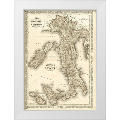 1866 Johnson Map of Italy Antiqued White Modern Wood Framed Art Print by Johnson