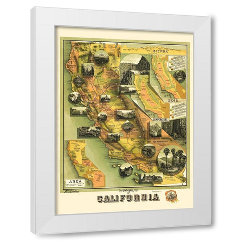 California Illustrated Map - Jones 1898 White Modern Wood Framed Art Print by Jones