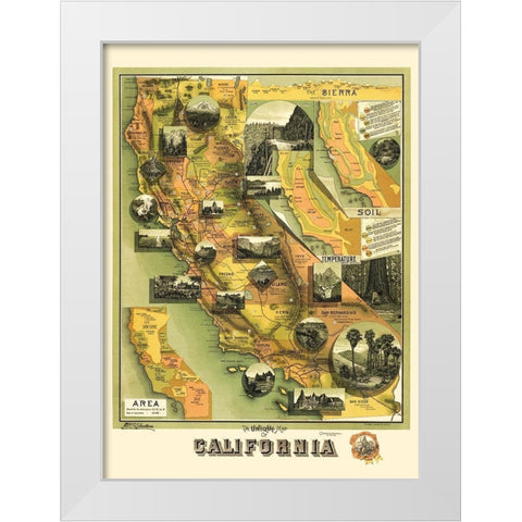 California Illustrated Map - Jones 1898 White Modern Wood Framed Art Print by Jones
