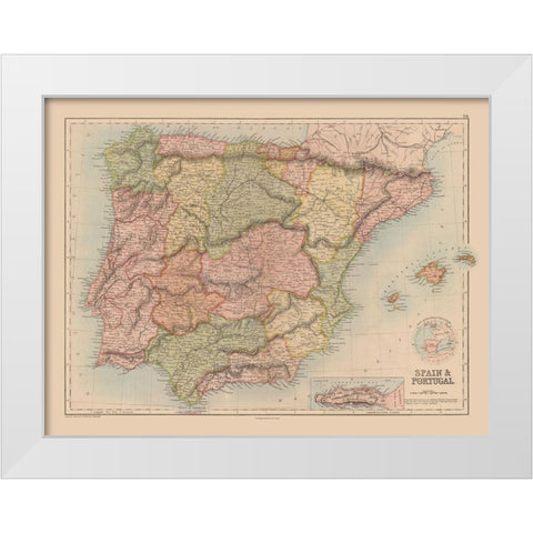 Spain Portugal - Black 1867 White Modern Wood Framed Art Print by Black