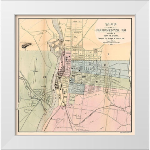 Manchester New Hampshire - Clarke 1879 White Modern Wood Framed Art Print by Clarke