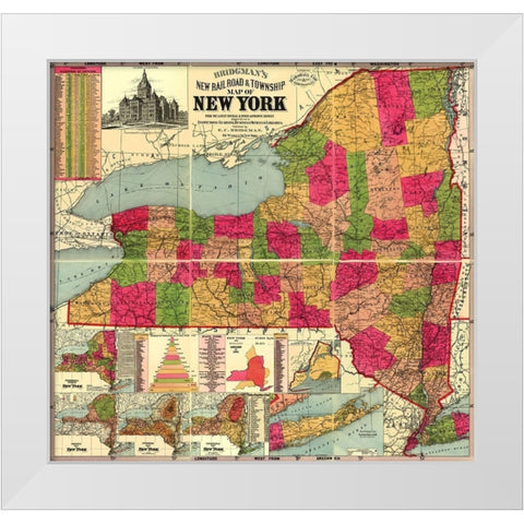 New York Railroads and Townships - Bridgman 1896 White Modern Wood Framed Art Print by Bridgman