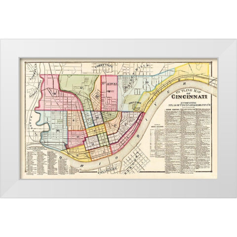 Cincinnati, Outline Ohio Outline - Titus 1869 White Modern Wood Framed Art Print by Titus