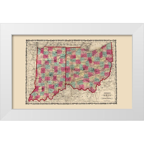 Ohio, Indiana - Johnson 1860 White Modern Wood Framed Art Print by Johnson