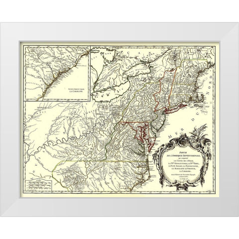 Northeastern Coast North America - Vaugondy 1755 White Modern Wood Framed Art Print by Vaugondy