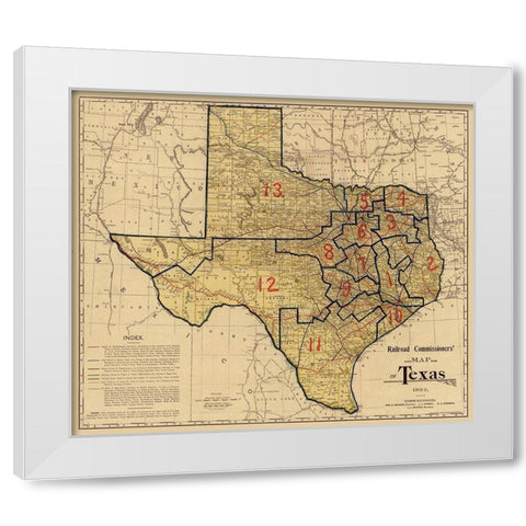 Railroad Commissioners Map of Texas -1897 White Modern Wood Framed Art Print by Unknown