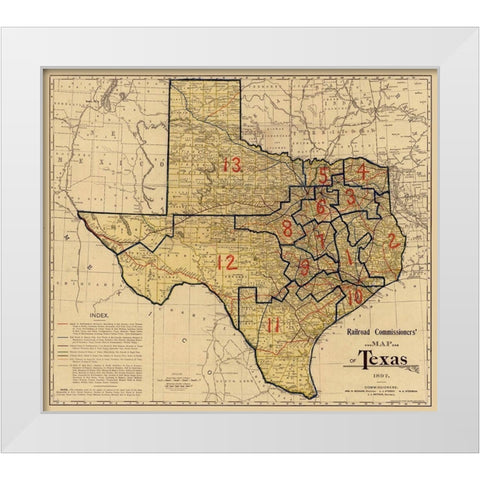 Railroad Commissioners Map of Texas -1897 White Modern Wood Framed Art Print by Unknown