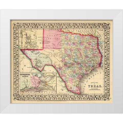 Texas County Map - Mitchell 1870 White Modern Wood Framed Art Print by Mitchell