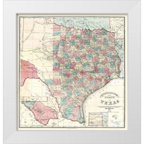 Travellers Map Texas - Pressler 1867 White Modern Wood Framed Art Print by Pressler