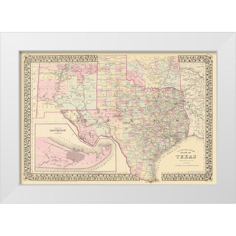 Texas - County Map - Mitchell 1880 White Modern Wood Framed Art Print by Mitchell