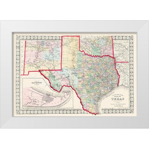 Texas - Augustus Mitchell 1874 White Modern Wood Framed Art Print by Mitchell