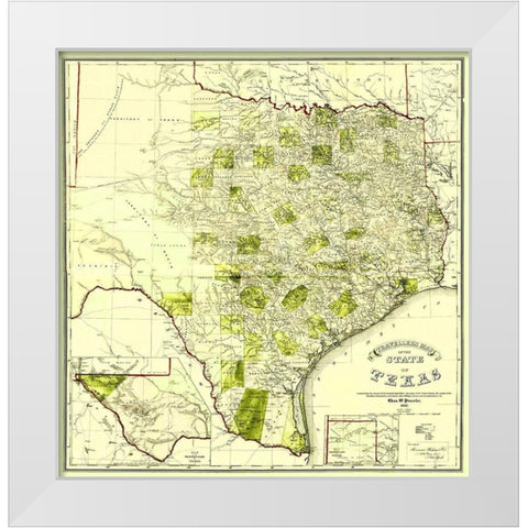 Travellers Map of the State of Texas 1867 White Modern Wood Framed Art Print by Pressler