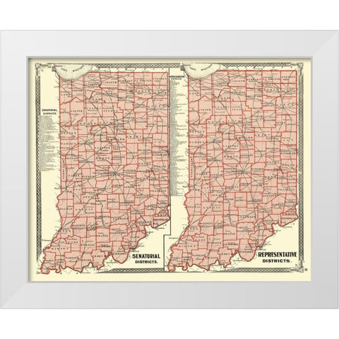 Indiana Senatorial, Representative Districts 1876 White Modern Wood Framed Art Print by Baskin