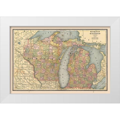 Michigan, Wisconsin - Cram 1888 White Modern Wood Framed Art Print by Cram