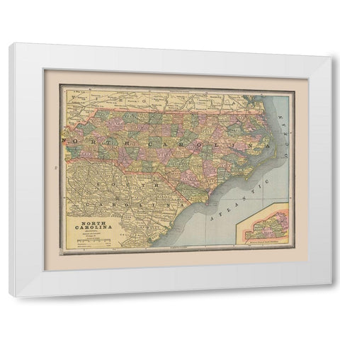 North Carolina, United States - Cram 1888 White Modern Wood Framed Art Print by Cram