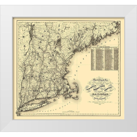New Haven, Middletown and Boston 1867 White Modern Wood Framed Art Print by Colton