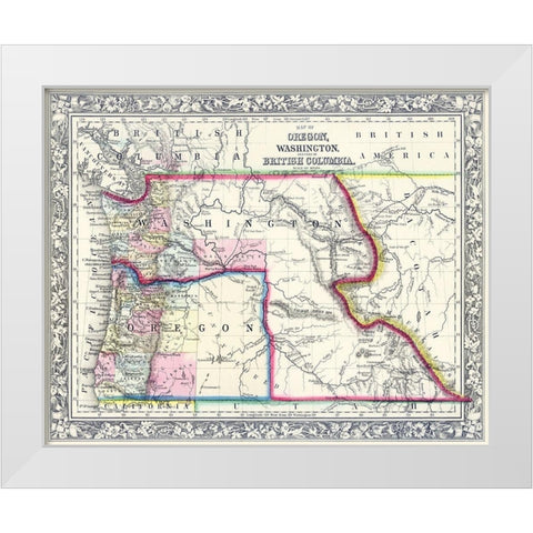 Oregon, Washington, Part of British Columbia - White Modern Wood Framed Art Print by Unknown