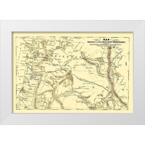 Oregon and Washington Proposed Railroad Route 1855 White Modern Wood Framed Art Print by Disturnell
