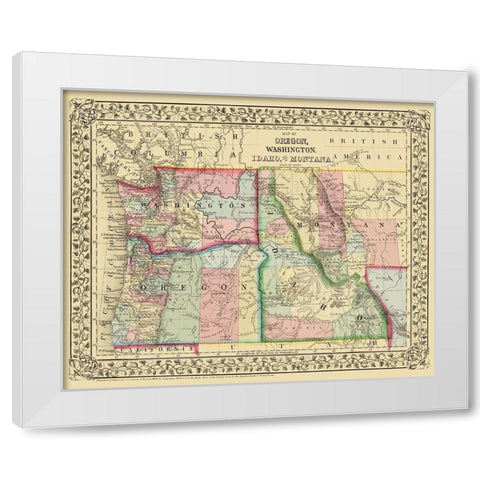 Oregon, Washington, Idaho, Montana - Mitchell 1870 White Modern Wood Framed Art Print by Mitchell
