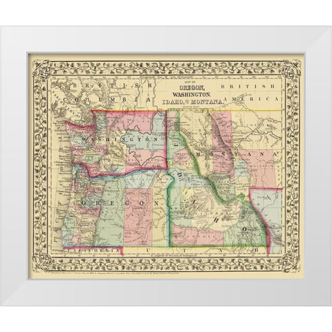 Oregon, Washington, Idaho, Montana - Mitchell 1870 White Modern Wood Framed Art Print by Mitchell