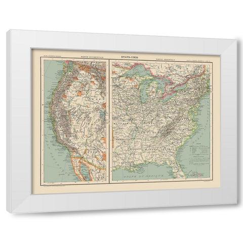 West and East United States - Schrader 1908 White Modern Wood Framed Art Print by Schrader