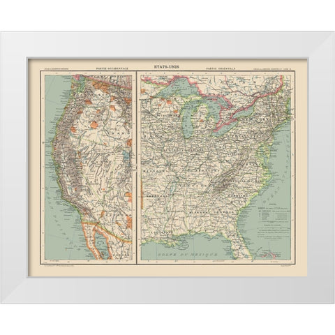 West and East United States - Schrader 1908 White Modern Wood Framed Art Print by Schrader