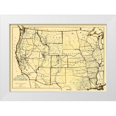 Mail Routes West of the Mississippi River White Modern Wood Framed Art Print by Boyd
