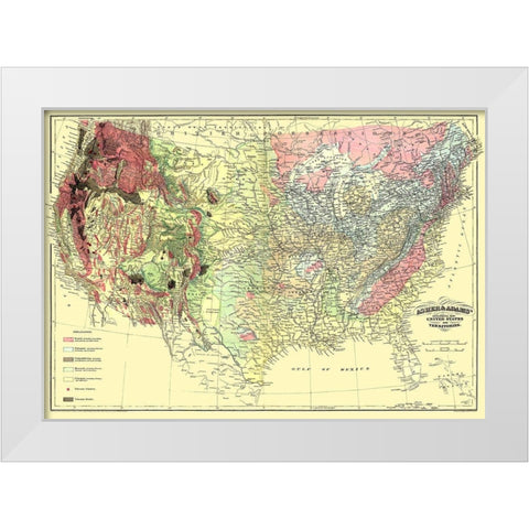 US and Territories Geological Map 1874 White Modern Wood Framed Art Print by Asher