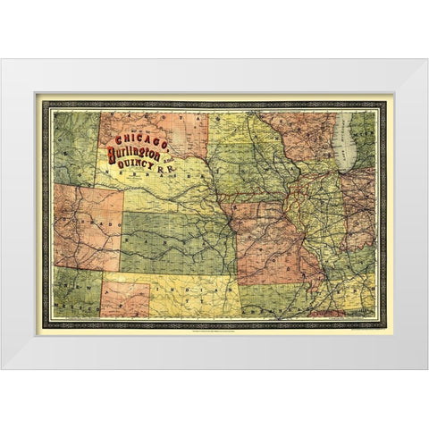 Chicago, Burlington and Quincy Railroad 1879 White Modern Wood Framed Art Print by Heubach
