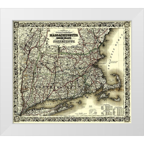 Massachusetts, Rhode Island, Connecticut 1853 White Modern Wood Framed Art Print by Colton