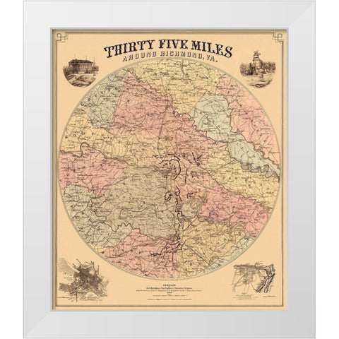 Richmond Virginia 35 Miles Around - Bohn 1867 White Modern Wood Framed Art Print by Bohn