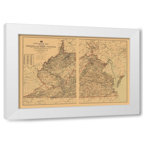Virginia, West Virginia Postal Routes - USPS 1896 White Modern Wood Framed Art Print by USPS