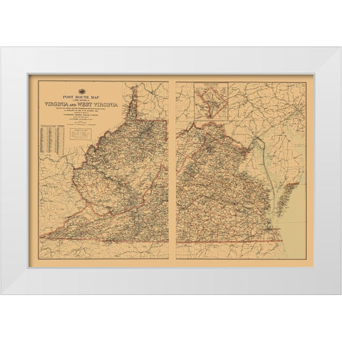 Virginia, West Virginia Postal Routes - USPS 1896 White Modern Wood Framed Art Print by USPS
