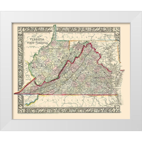 Virginia, West Virginia Counties - Mitchell 1863 White Modern Wood Framed Art Print by Mitchell