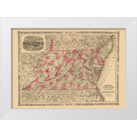 Virginia, Maryland, Delaware - Johnson 1864 White Modern Wood Framed Art Print by Johnson