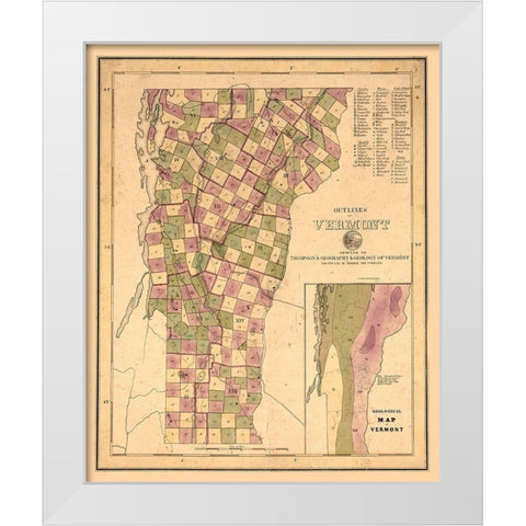 Vermont Geological - Thompson 1848 White Modern Wood Framed Art Print by Thompson