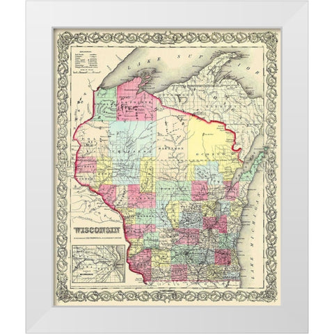Wisconsin - Colton 1855 White Modern Wood Framed Art Print by Colton