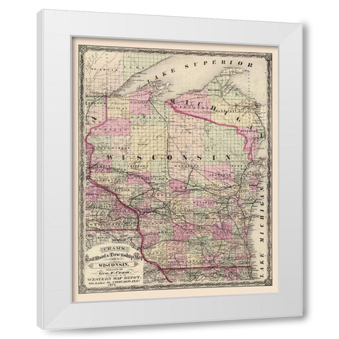 Wisconsin Railroads and Townships - Cram 1875 White Modern Wood Framed Art Print by Cram