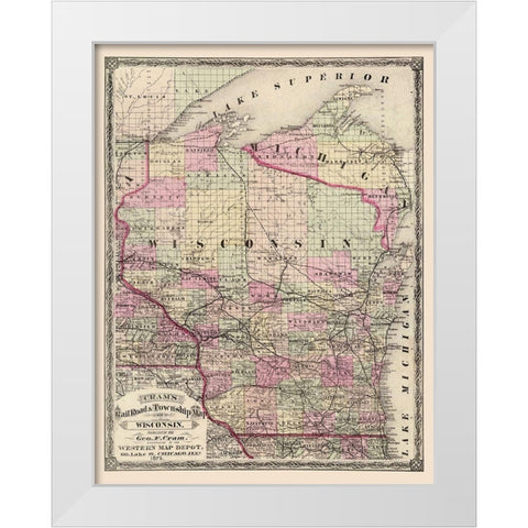 Wisconsin Railroads and Townships - Cram 1875 White Modern Wood Framed Art Print by Cram