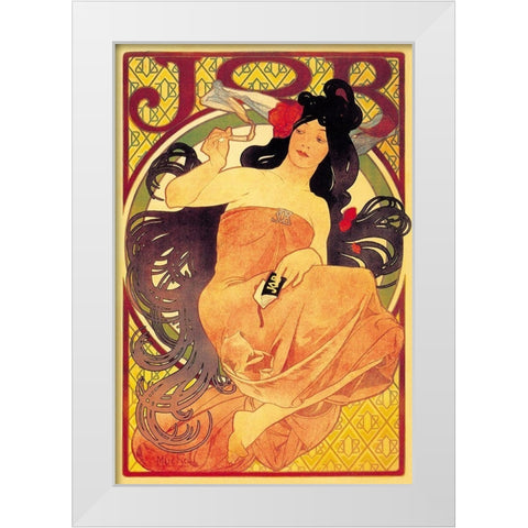 Job White Modern Wood Framed Art Print by Mucha, Alphonse