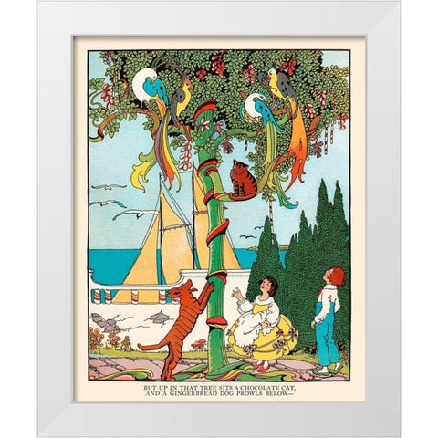 Gingerbread dog chases the Cat and Birds White Modern Wood Framed Art Print by Field, Eugene