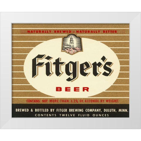 Fitgers Beer White Modern Wood Framed Art Print by Vintage Booze Labels