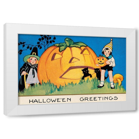 Halloween Greetings White Modern Wood Framed Art Print by Halloween