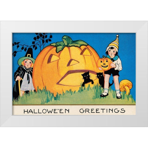 Halloween Greetings White Modern Wood Framed Art Print by Halloween