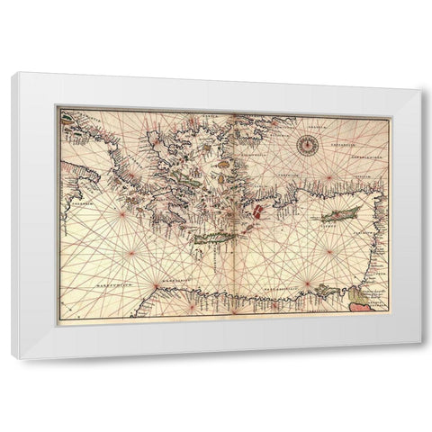 Portolan or Navigational Map of Greece, the Mediterranean and the Levant White Modern Wood Framed Art Print by Agnese, Battista