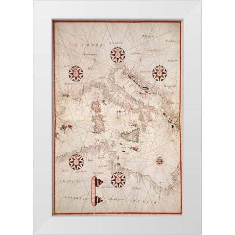 Portolan atlas of the Mediterranean Sea, western Europe, and the northwest coast of Africa - Central White Modern Wood Framed Art Print by Oliva, Joan