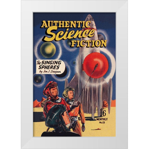 Authentic Science Fiction: The Singing Spheres White Modern Wood Framed Art Print by Retrosci-fi
