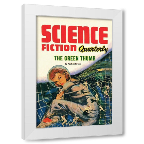 Science Fiction Quarterly: Little People of the Space Web White Modern Wood Framed Art Print by Retrosci-fi
