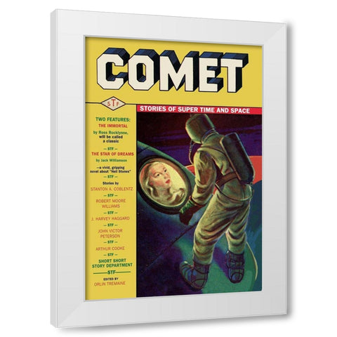 Comet: Beautiful Woman in Rocket Window White Modern Wood Framed Art Print by Retrosci-fi